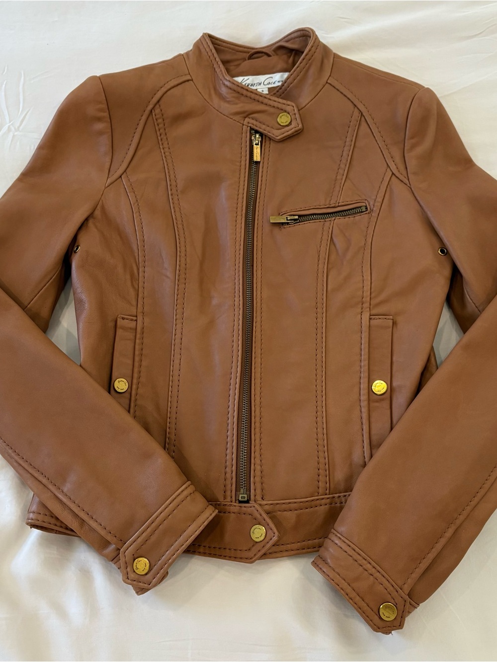 Kenneth Cole Brown Genuine Leather Jacket with Gold Hardware